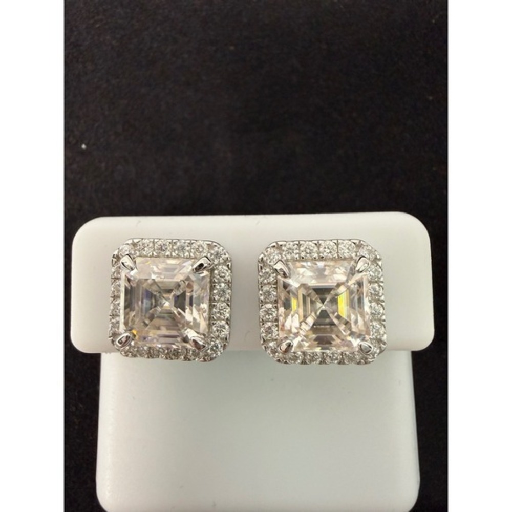 Sterling Silver Moissanite Halo Stud Earrings 6.76 CTW VVSD Color Square Cut